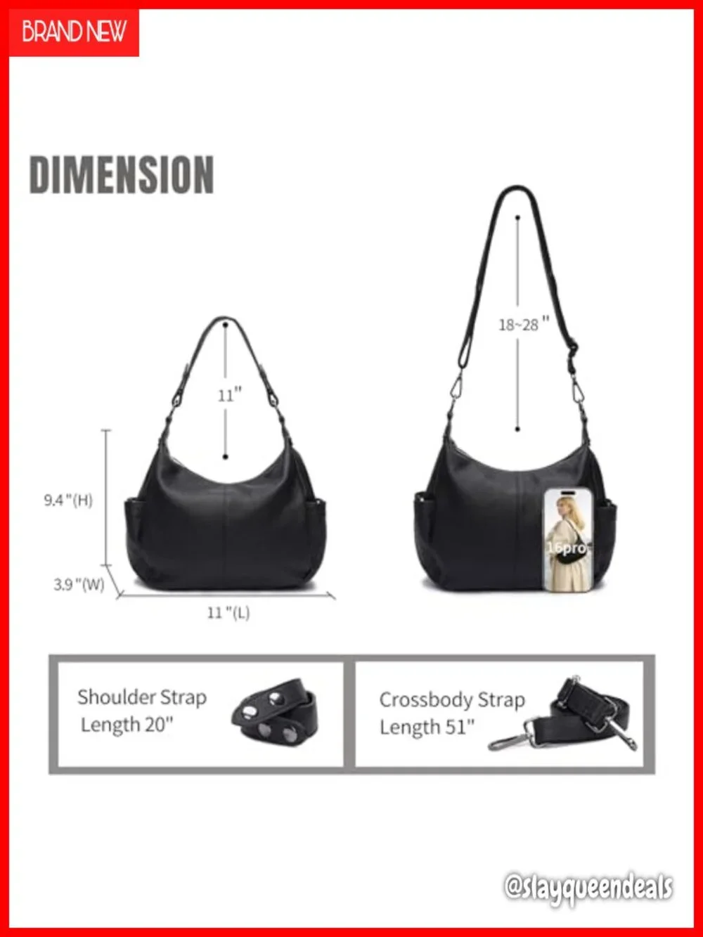 Genuine Leather Hobo Shoulder Bag with Adjustable Strap